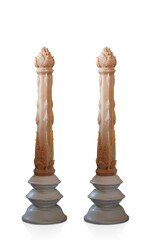 two brown large candles placed on white pedestal on white background, object, decor, retro, copy space