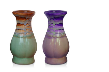 two ceramic vase, green and brown and violetand cream color on white background, object, retro, vintage, decor, banner, copy space