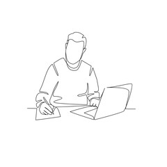 Vector illustration of a man working on a laptop drawn in line-art style