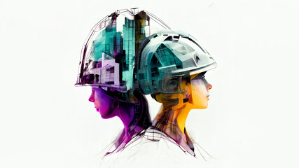 Future of buildings construction engineering the devotion project with double exposure to civil engineering design. Future modern construction projects. Generative AI