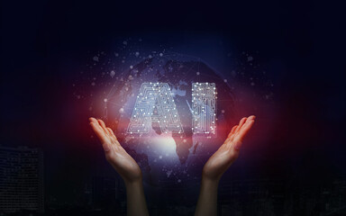 Hand, concept, AI icon with technology in modern business world.