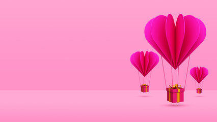 Valentine's Day Banner concept with heart balloons and gift box, Mother's, Valentine's Day, birthday greeting, Big pink hearts gift boxes on a pink background with space for text, 3D Render