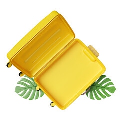 yellow open suitcase empty with monstera palm leaf isolated. summer travel concept, top view, 3d illustration or 3d render © sirawut