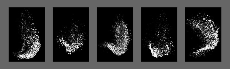 Set of white splashes isolated on black background. Abstract vector explosion. Digitally generated image. Illustration, EPS 10.
