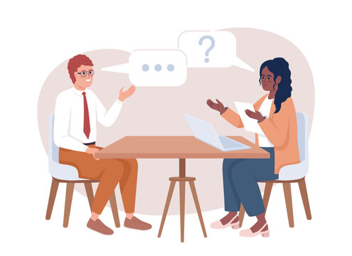 Employment interview 2D vector isolated illustration. Female interviewer asking potential employee flat characters on cartoon background. Colorful editable scene for mobile, website, presentation