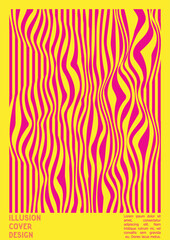 Geometrical Poster Design with Optical Illusion Effect.  Modern Psychedelic Cover Page Collection. Colourful Wave Lines Background. Fluid Stripes Art. Swiss Design. Vector Illustration for Brochure.