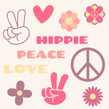 Icon, sticker in hippie style with text Love, Peace, Hippie and hearts, victory signs, flowers in retro style..
