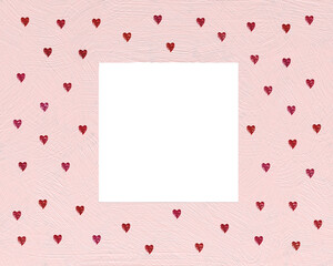 Light pink painted frame overlay with red glitter tiny hearts and square opening negative copy space  for overlaid objects, social media postings, cards, emails and wide range of projects.