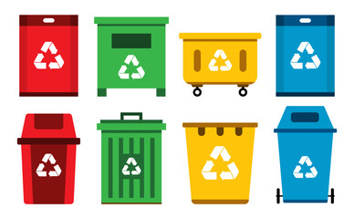 Trash bin icons flat design bundle collection. Waste garbage recycle sustainability symbol illustration.