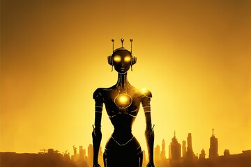 Silhouette of a robo girl on a bright golden shining background