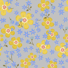 Fototapeta na wymiar Seamless vintage pattern. Gray background. Large yellow and small lilac flowers. Vector texture. Fashionable print for textiles and wallpaper.