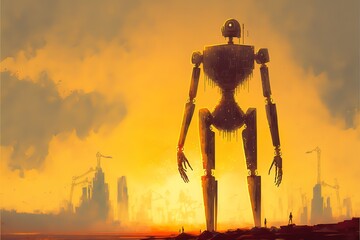 Silhouette of a robo girl on a bright golden shining background