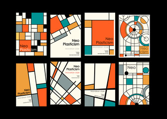 Artworks, posters inspired postmodern of vector abstract dynamic symbols with bold geometric shapes, useful for web background, poster art design, magazine front page, hi-tech print, cover artwork.