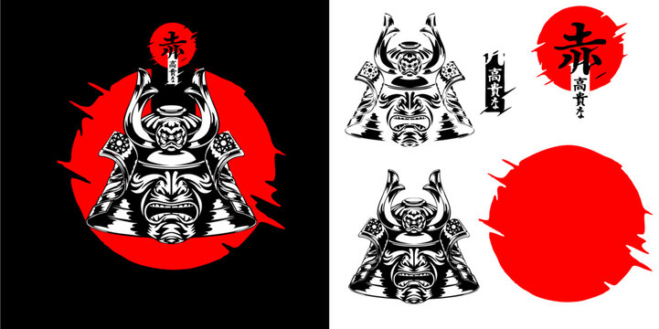 set of red and black masks japanese samurai