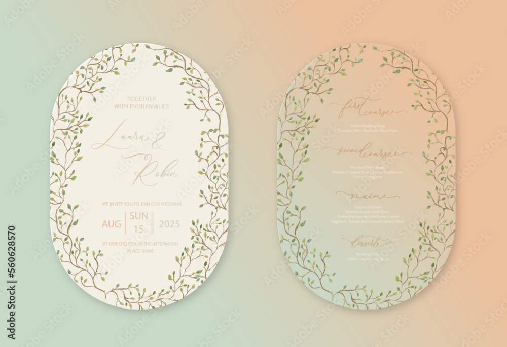 Wall mural luxury arch wedding invitation card background with green watercolor botanical leaves. abstract flor