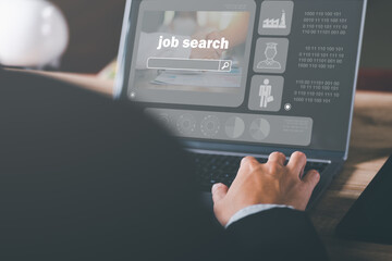 Man using laptop showing online job search, career search ideas, recruitment, HR search, form websites and job applications,employment management of agencies with Internet technology