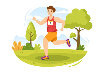 Obraz na płótnie Canvas Marathon Race Illustration with People Running, Jogging Sport Tournament and Run to Reach the Finish Line in Flat Cartoon Hand Drawn Template