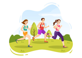 Marathon Race Illustration with People Running, Jogging Sport Tournament and Run to Reach the Finish Line in Flat Cartoon Hand Drawn Template