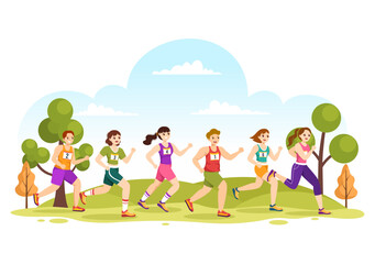 Marathon Race Illustration with People Running, Jogging Sport Tournament and Run to Reach the Finish Line in Flat Cartoon Hand Drawn Template