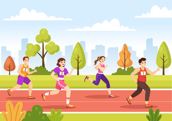 Marathon Race Illustration with People Running, Jogging Sport Tournament and Run to Reach the Finish Line in Flat Cartoon Hand Drawn Template