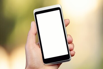 Hands hold a phone with a blank screen