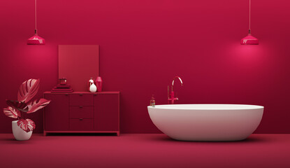 Viva Magenta bathroom interior color of the year 2023. crimson red burgundy color. Template modern  design interior home. 3D rendering
