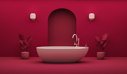Obraz na płótnie Canvas Viva Magenta bathroom interior color of the year 2023. crimson red burgundy color. Template modern design interior home. 3D rendering 