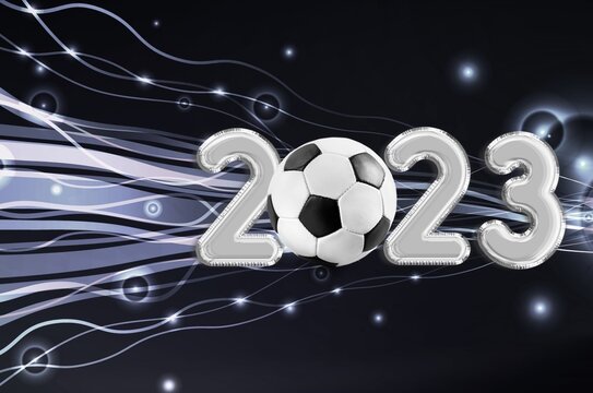 Greeting new year card with 2023 numbers and ball