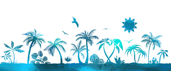 Fototapeta na wymiar Hand Drawn Tropical Island . Blue palm trees abstract. Horizontal seascape Vector illustration