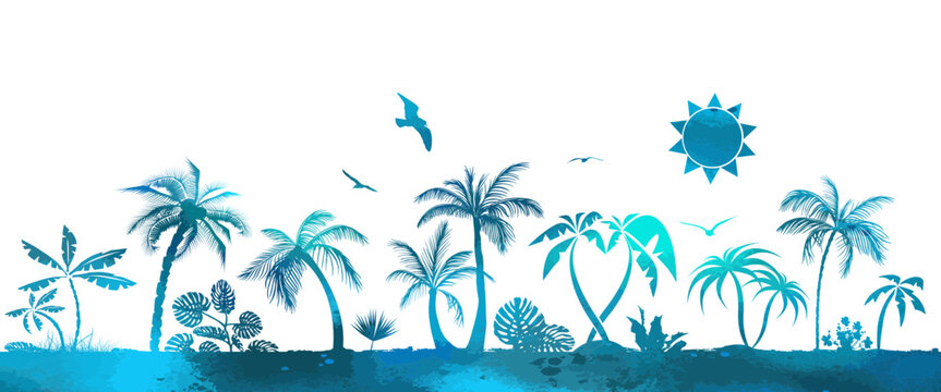 Hand Drawn Tropical Island . Blue palm trees abstract. Horizontal seascape Vector illustration