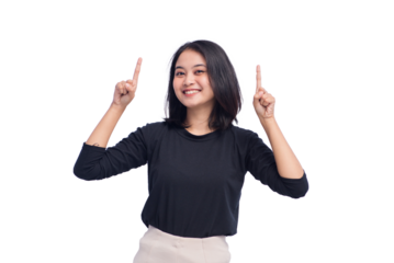 Young Business Woman Pointing Up Smiling