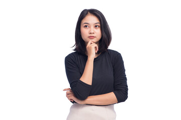 Young Business Woman Standing with Thinking Gesture