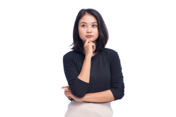 Young Business Woman Standing with Thinking Gesture