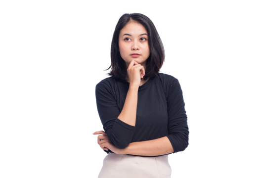 Young Business Woman Standing with Thinking Gesture