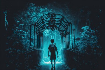 A boy on a bridge in a magical blue forest,a fabulous fantasy illustration