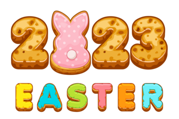 Greeting card with inscription from Easter cookies. Postcard with sweets and rabbit