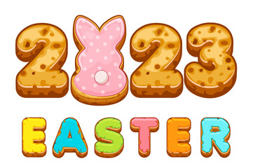Greeting card with inscription from Easter cookies. Postcard with sweets and rabbit