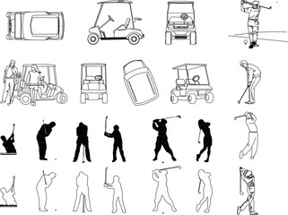 set of sketch vector illustrations of golf equipment and game poses