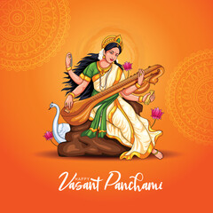 Sarasvati for happy Vasant Panchami Puja of India. poster, banner, flyer vector illustration design - obrazy, fototapety, plakaty