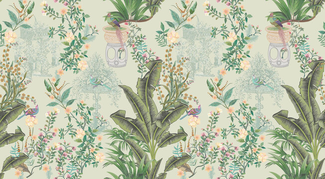 Vintage decorative garden seamless pattern for wallpaper. Traditional flower and bird Chinoiserie illustration for background