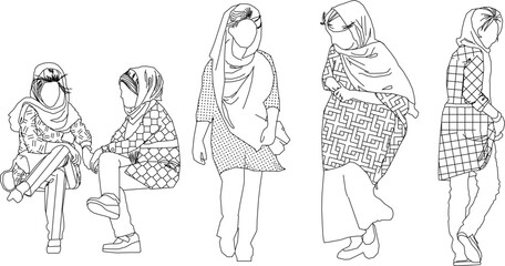 set of sketches of vector illustrations of veiled Muslim women