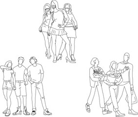 Fototapeta na wymiar et of sketches vector detailed illustrations of a group of friends huddled together