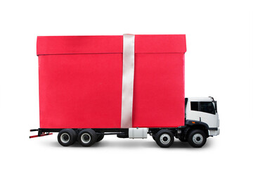Big red Christmas gift packages on a truck ready to be delivered