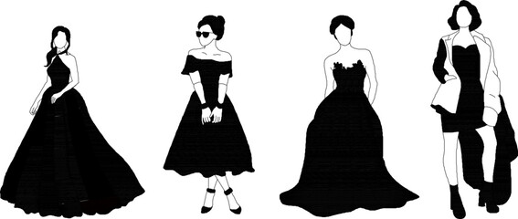 set of sketch vector illustrations of teenage models in princess-like party dresses