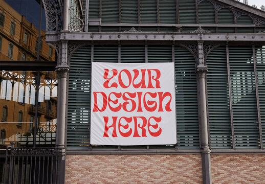 Square Banner Mockup on an Old Building