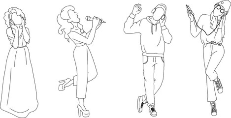 set of sketches vector illustrations of slang youth models who like music