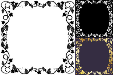 Square frame for wine or juice packaging. Bunch of grapes with leaves and tendrils. Autumn harvest. Advertising label with berry silhouette. Simple flat vector