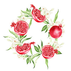 Pomegranate fruits,  leaves  wreath on white background, watercolor illustration