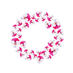 Pansy flowers wreath on white background, watercolor illustration