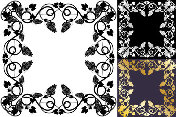 Square frame with bunch of grapes, leaves and tendrils for wine packaging. Autumn harvest. Advertising label with berry silhouette. Simple flat vector